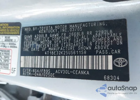 2005 Toyota Camry Le from USA, damaged, VIN 4T1BE32K25U561158